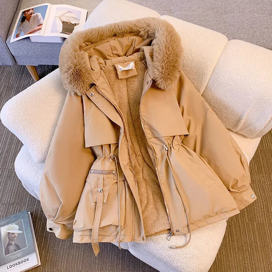 Fleece Lined Fur Hood Down Jacket Women Winter Warm Drawstring Zipper Padded Parkas Casual Cotton Coats Puffer Outwears