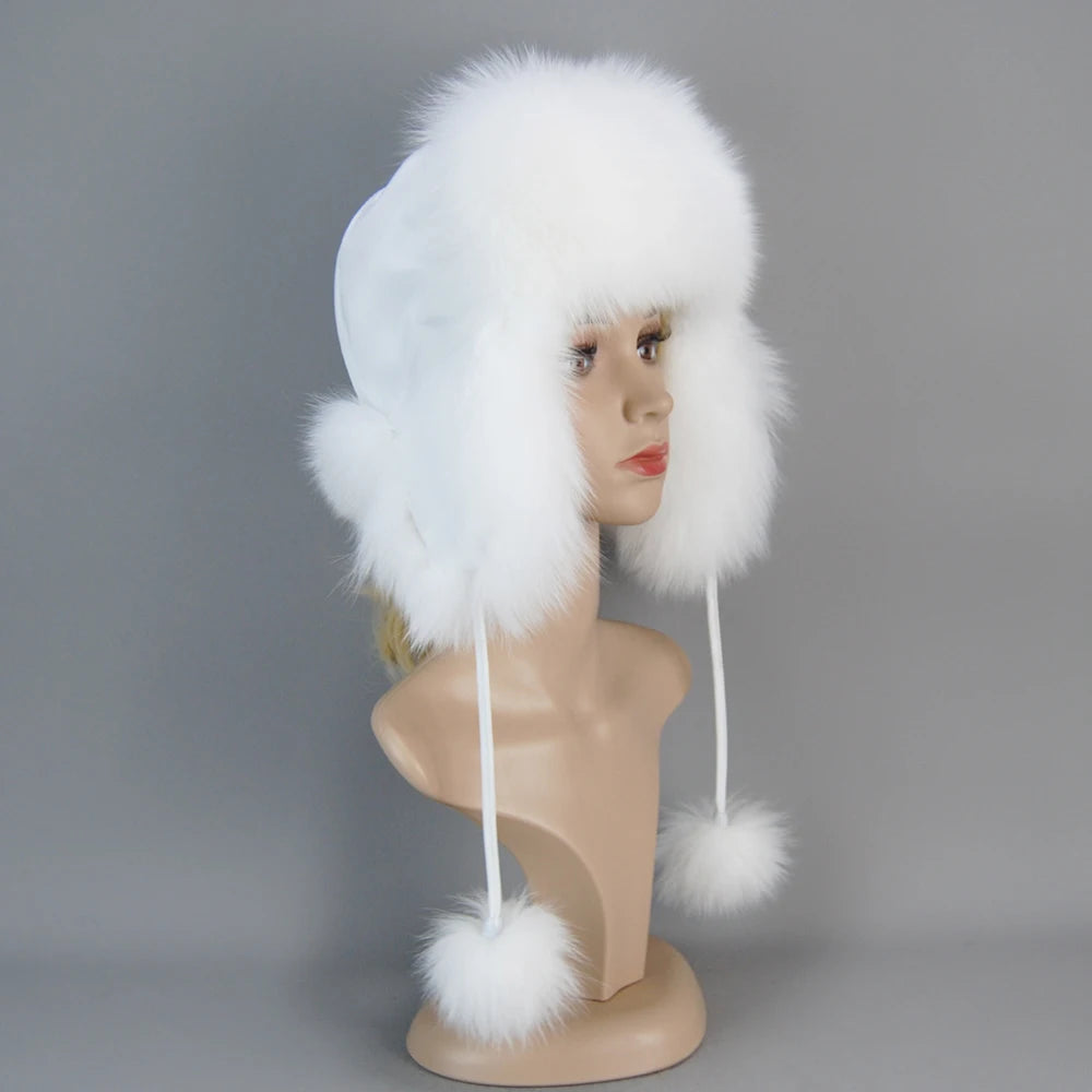 100% Real Fur Hat for Women Natural Silver Fox Fur Russian Ushanka Hats Winter Thick Warm Ears Fashion Bomber Cap