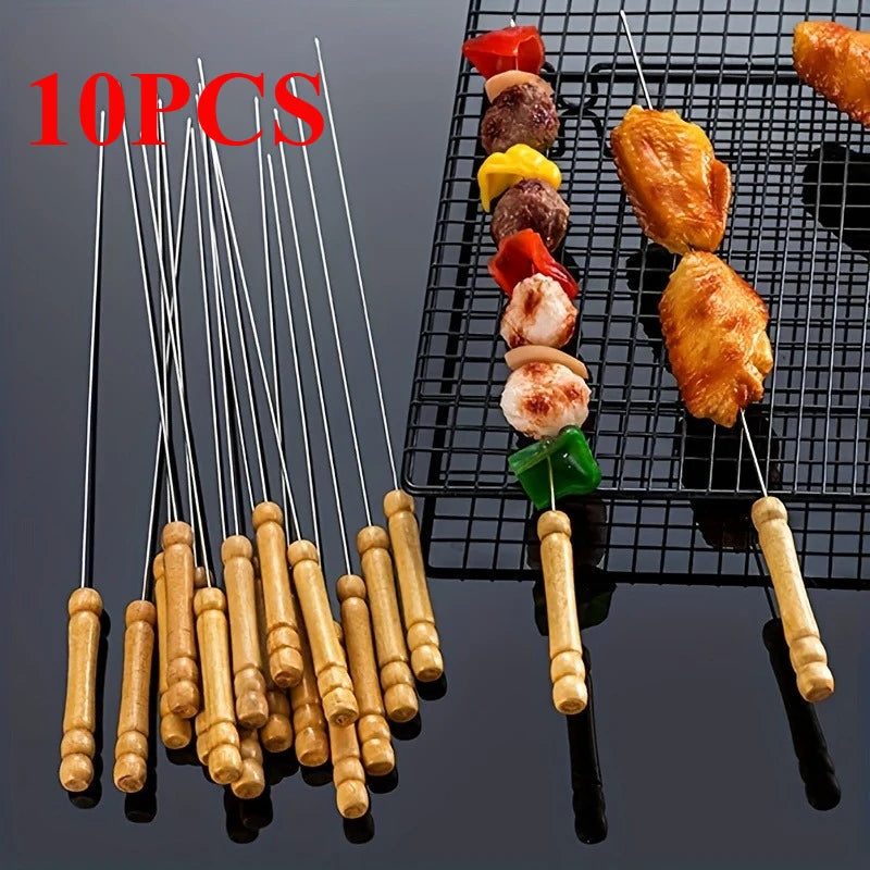 10PCS Stainless Steel Barbecue Skewer Reusable BBQ Skewers For Outdoor Camping Picnic Cooking Tools BBQ Supplies