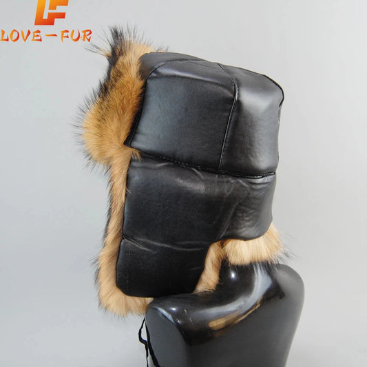 Winter Warm Ushanka Thick Warm Cap With Ear Flaps Outdoor Windproof Ski Caps Bomber Hat For Men Real Dog Fur Russian Leather Hat