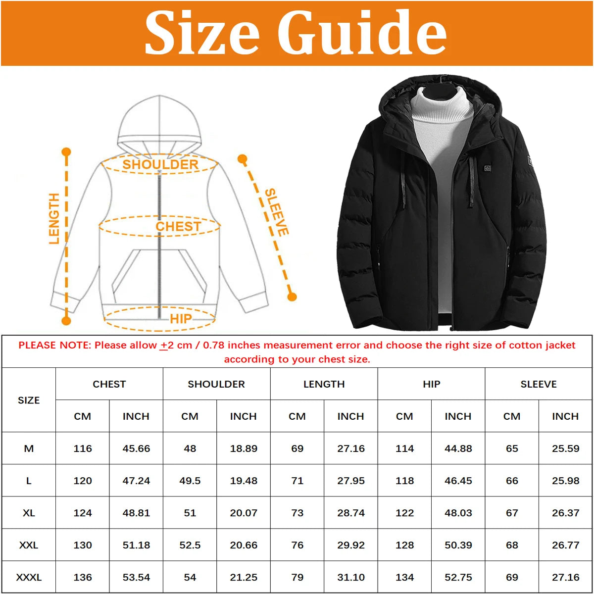 Men's Heated Jacket, Winter Warm Outdoor USB Electric Heated Jacket with 9 Carbon Fiber Heating Pads, 3 Temperature Levels