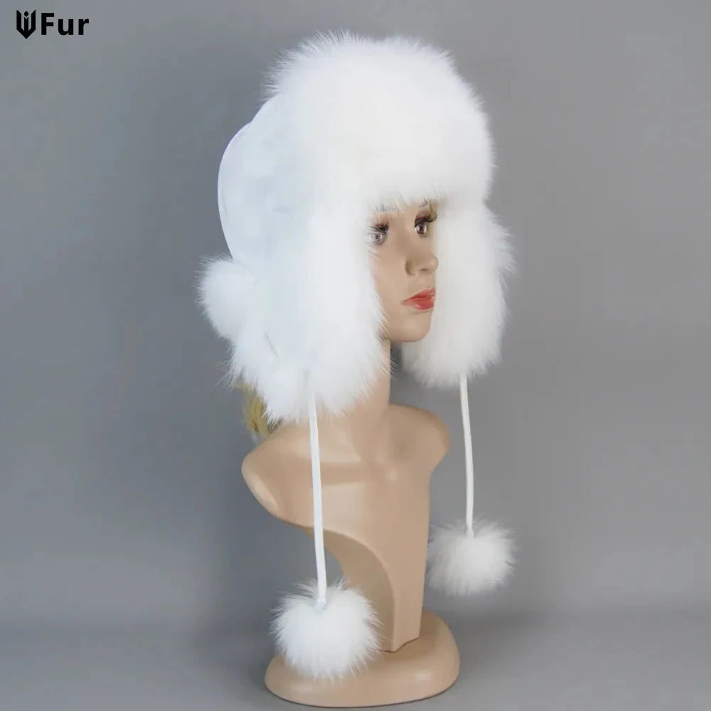 100% Real Fur Hat for Women Natural Silver Fox Fur Russian Ushanka Hats Winter Thick Warm Ears Fashion Bomber Cap