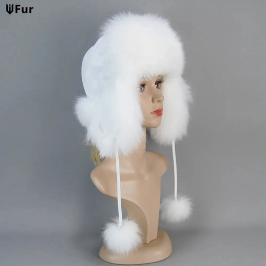 100% Real Fur Hat for Women Natural Silver Fox Fur Russian Ushanka Hats Winter Thick Warm Ears Fashion Bomber Cap