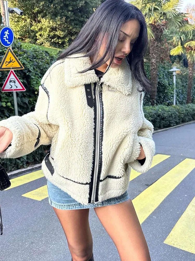 Women White Long Sleeve Patchwork Lamb Wool Coats Warm Lapel Zipper Adjustable Faux Fur Plush Jacket New Lady Winter Wear