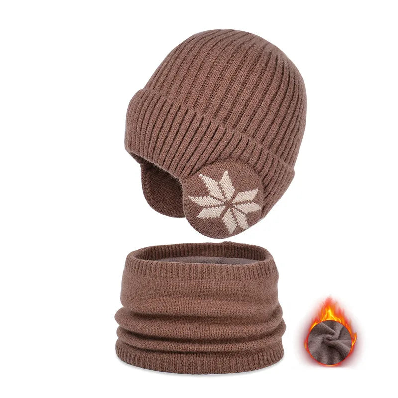 2Pcs Knitted Children Winter Hat Scarf Fleece Lining Ears Protection Kids Beanie Hats Neck Warmer Warm Child Boy Cap 4-10Y