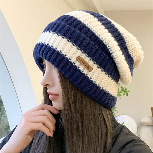 1PC New Winter Warm Hats For Women Casual Stacking Knitted Bonnet Caps Men Hats Stripe Hip Hop Unisex Female Beanies