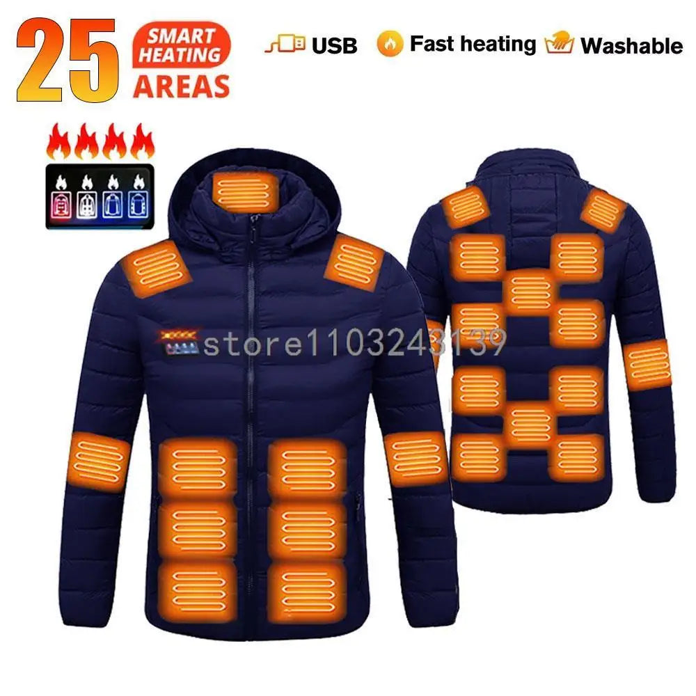 25 Areas Heated Jacket Men Women USB Electric Heated Down Jacket Thermal Self Heating Jacket Hiking Camping Ski Winter Coat