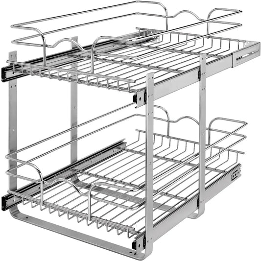 2-Tier Kitchen Cabinet Pull Out Shelf and Drawer Organizer Slide Out Pantry Storage Basket in Multiple Sizes