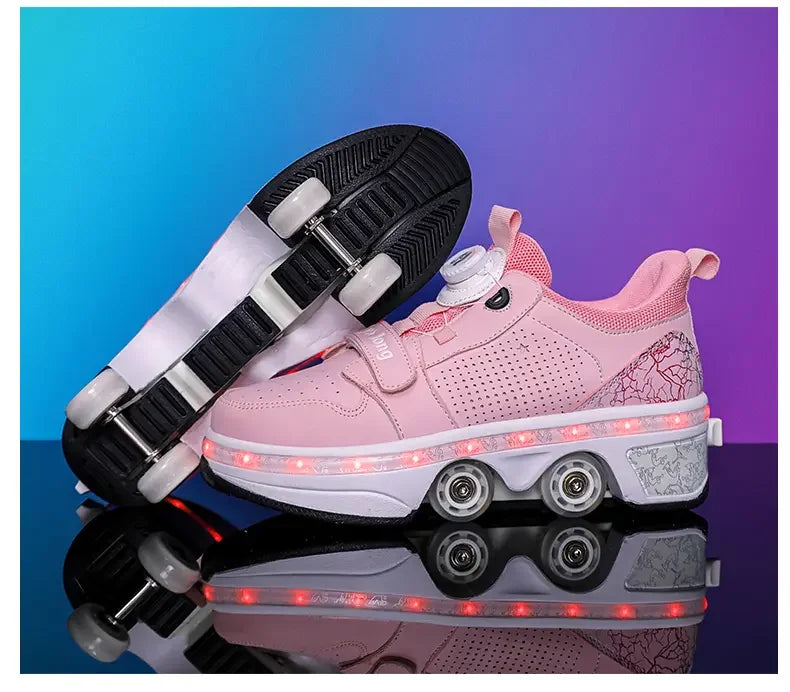 LED Light Deform Wheel Skates Roller Skate Shoes With 4-Wheel  Deformation Parkour Runaway Sneakers Children Adult Rounds Walk