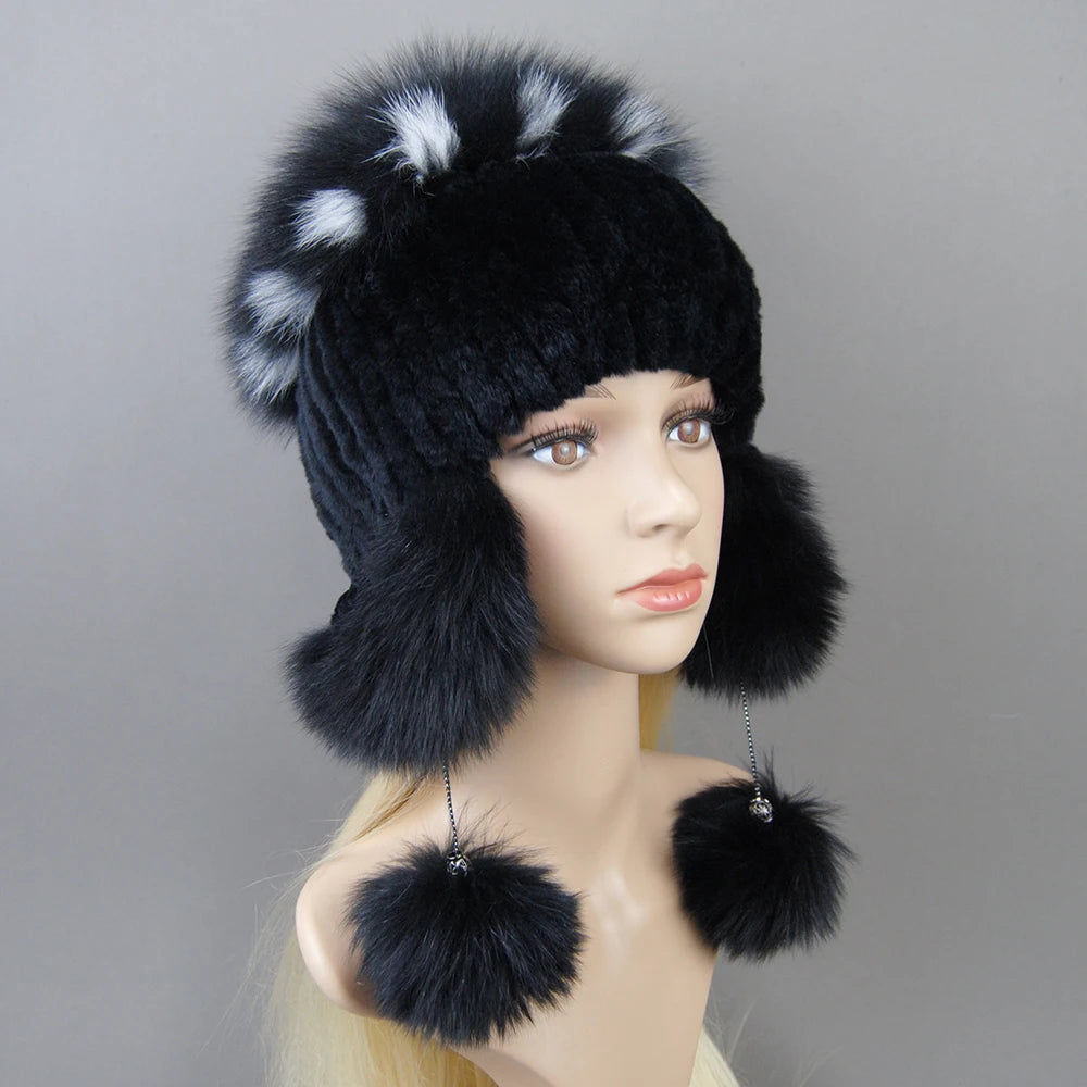 2024 New Winter Hat For Women Warm Natural Genuine Rex Rabbit Fur Knitted Hats With Ear Flaps Handsewn Fashionable Bomber Hat