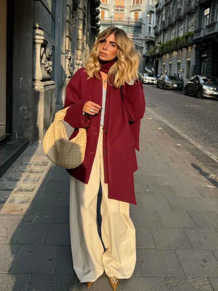 2024 New Fashion Burgundy Red Woolen Suit Jacket With Scarf Collar Women Chic Oversized Flip Pockets Solid Coats Lady Streetwear