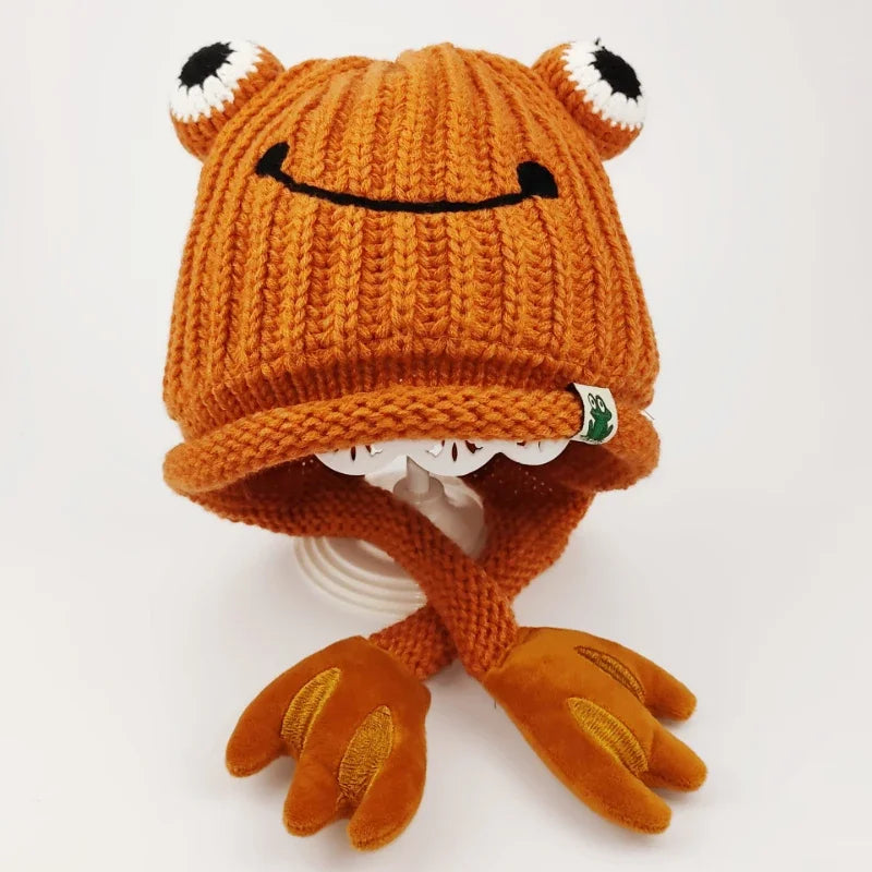 Parent-child Cute Frog Hat Autumn and Winter Warm Knitted Wool Hat Bonnets for Women and Men Cartoon Fisherman Caps