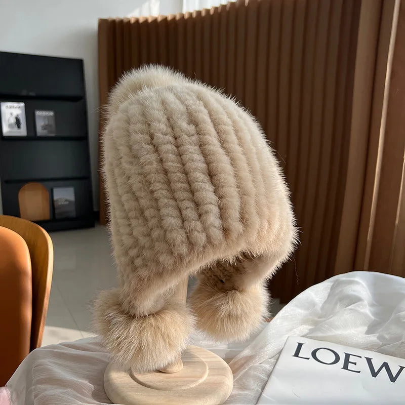 Winter Hot Sale Real Mink Fur Hat For Women Knitted Mink Fur Ear Warm Cap The Spiral Beanies Cap With Fox Fur Pompom On The Top