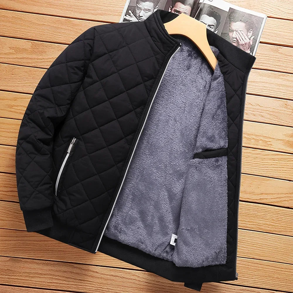 2024 Brand New Slim Fit Coat Autumn Winter Bomber Jacket Men Diamond Pattern Fleece Lined Casual Jacket Men Fashion Clothing