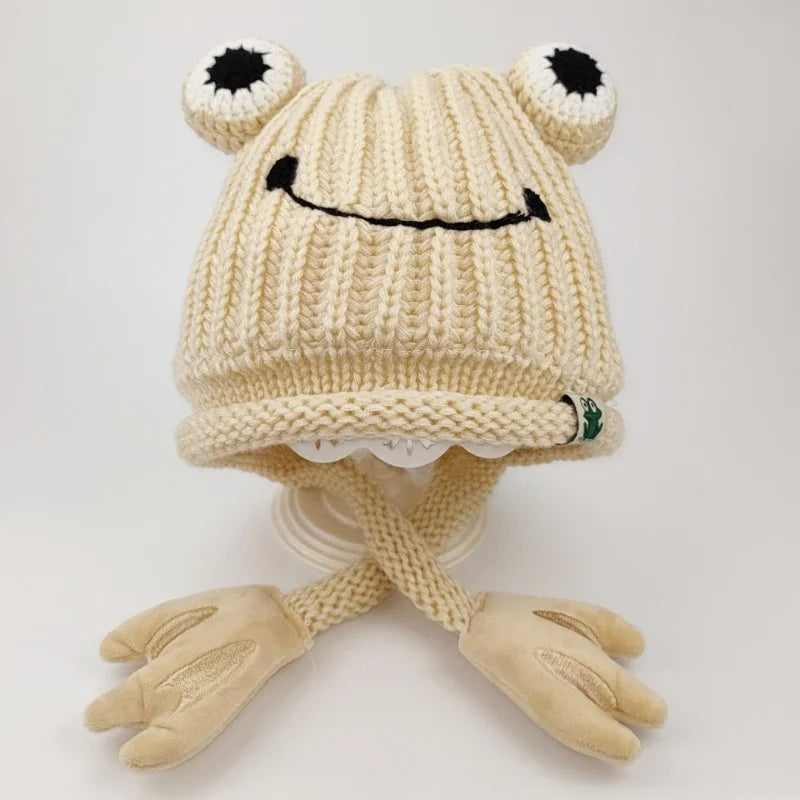 Parent-child Cute Frog Hat Autumn and Winter Warm Knitted Wool Hat Bonnets for Women and Men Cartoon Fisherman Caps