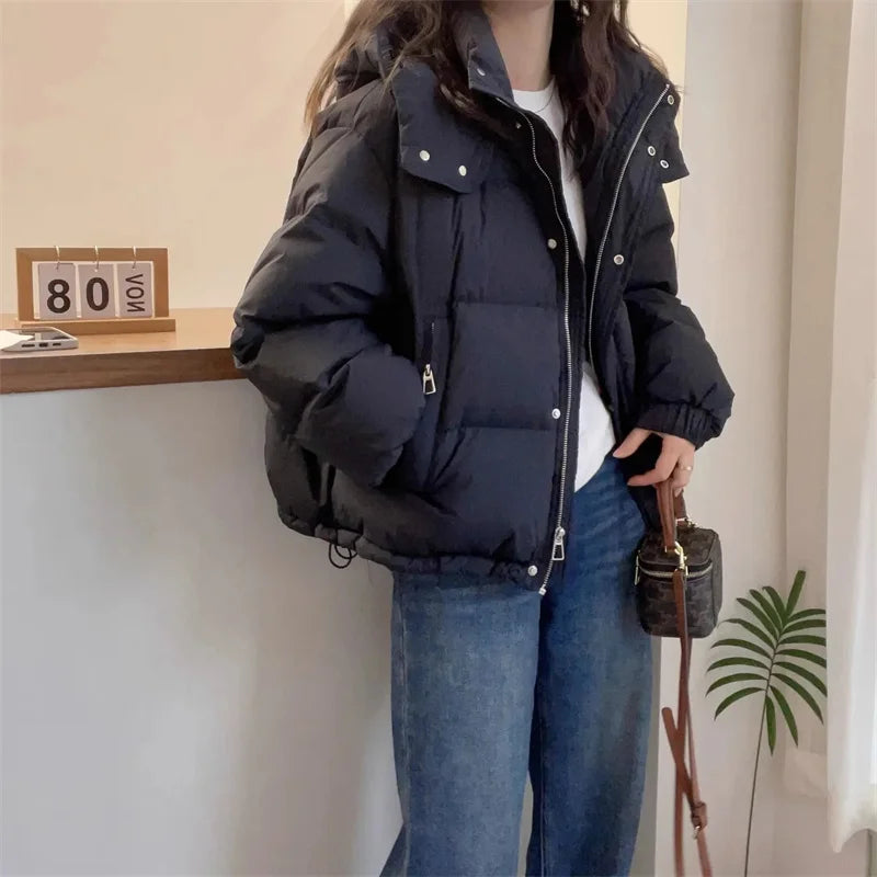 2024 New Korean Style Cotton Padded Coat Women's Cropped Hooded Puffer Jacket Petite Thickened Warm Autumn Winter Jacket Trendy