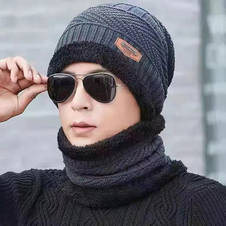 2023New Winter Hats Knit Cap Men Velvet Hat Coral Fleece Scarf Outdoor Riding Hat Warm Thickening Plus Velvet Neck Protect Cap