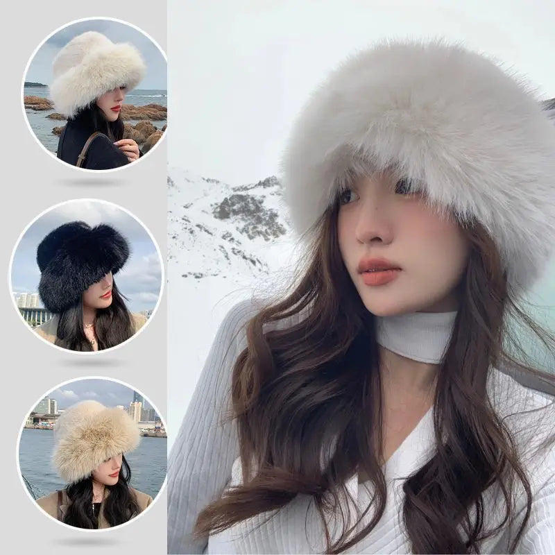 2024 Y2K Fluffy Faux Fur Bucket Hat Women Rabbit Fur Warm Thick Plush Winter Hat Lady Luxury Fashion Furry Panama Fisherman Cap