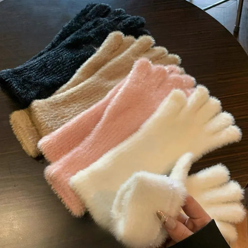 Sweet Mink Wool Long Gloves Women Winter Thicken Knitted Warm Short Fluffy Plush Mittens Protective Arm Anti-cold Outdoor Gloves