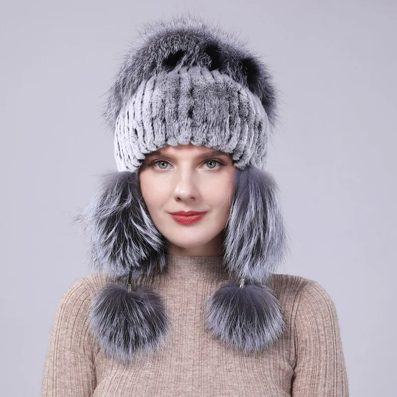 2024 New Winter Hat For Women Warm Natural Genuine Rex Rabbit Fur Knitted Hats With Ear Flaps Handsewn Fashionable Bomber Hat