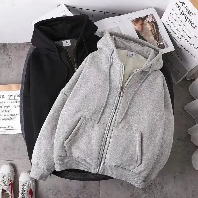 Trendy Sweatshirt Coat Front Pockets Warm Zipper Lamb Wool Jacket Men and Woman Winter Pure Color Plush Lined Cardigan Hoodie