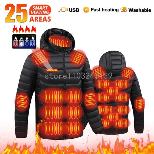 25 Areas Heated Jacket Men Women USB Electric Heated Down Jacket Thermal Self Heating Jacket Hiking Camping Ski Winter Coat