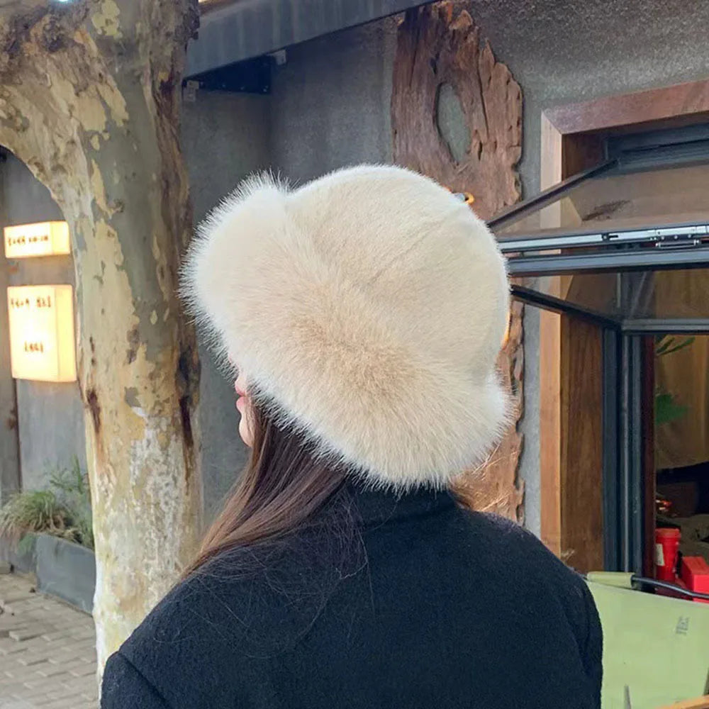 2024 Y2K Fluffy Faux Fur Bucket Hat Women Rabbit Fur Warm Thick Plush Winter Hat Lady Luxury Fashion Furry Panama Fisherman Cap