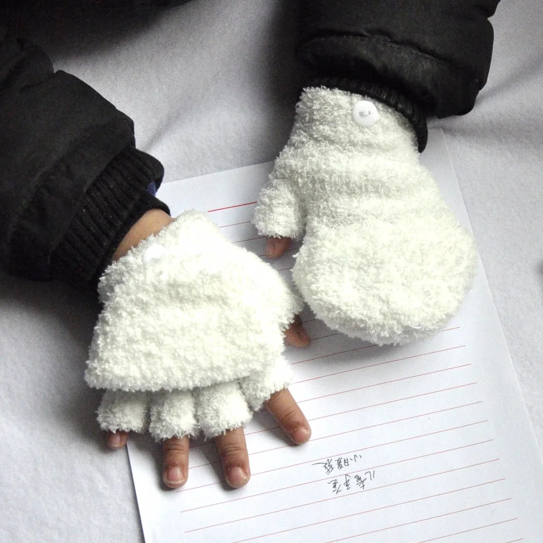 Plush Thickened Warm Baby Gloves Children Pupil Student Winter Mittens Coral Fleece Flip Full Finger Gloves For 5-11Y Kid Gloves