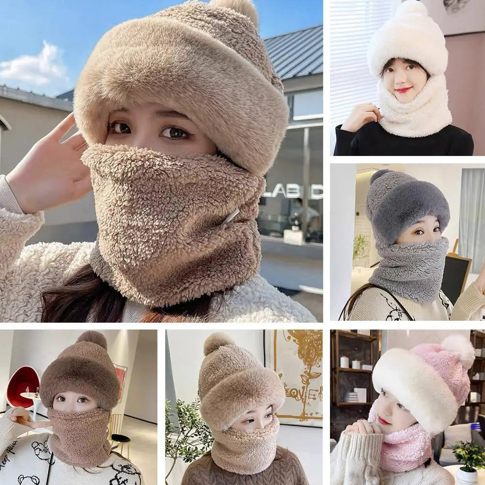 Winter Hats for Women 2024 New Autumn and Winter Collar Scarf Mask One Thick Warm Ear Protection Windproof Hooded Solid Color