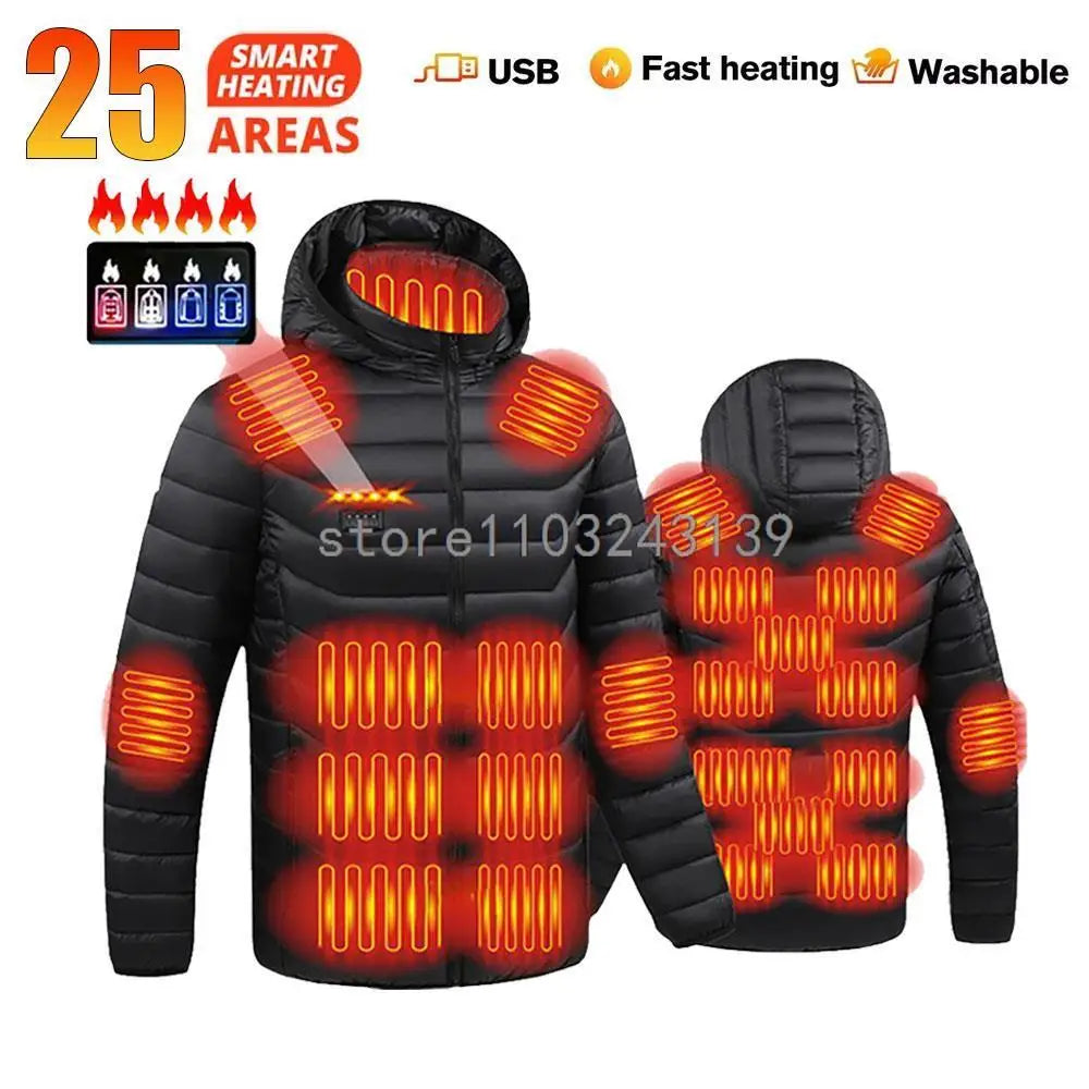 25 Areas Heated Jacket Men Women USB Electric Heated Down Jacket Thermal Self Heating Jacket Hiking Camping Ski Winter Coat