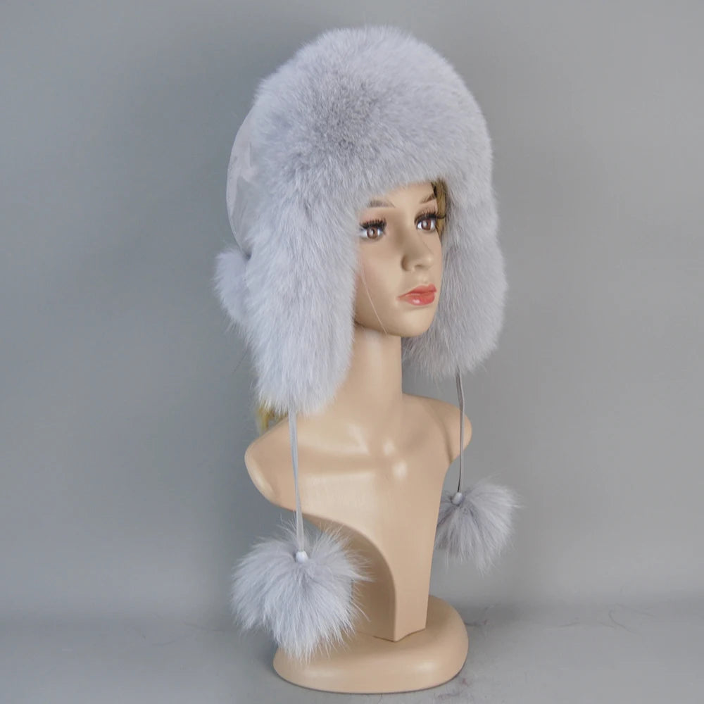 100% Real Fur Hat for Women Natural Silver Fox Fur Russian Ushanka Hats Winter Thick Warm Ears Fashion Bomber Cap