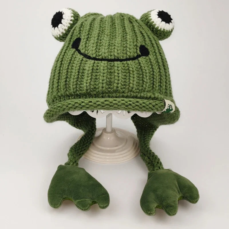 Parent-child Cute Frog Hat Autumn and Winter Warm Knitted Wool Hat Bonnets for Women and Men Cartoon Fisherman Caps