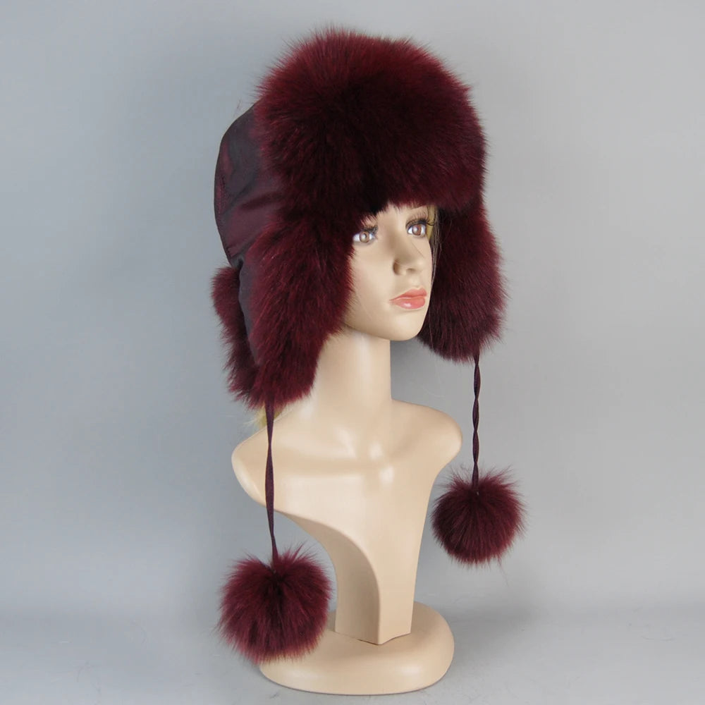 100% Real Fur Hat for Women Natural Silver Fox Fur Russian Ushanka Hats Winter Thick Warm Ears Fashion Bomber Cap