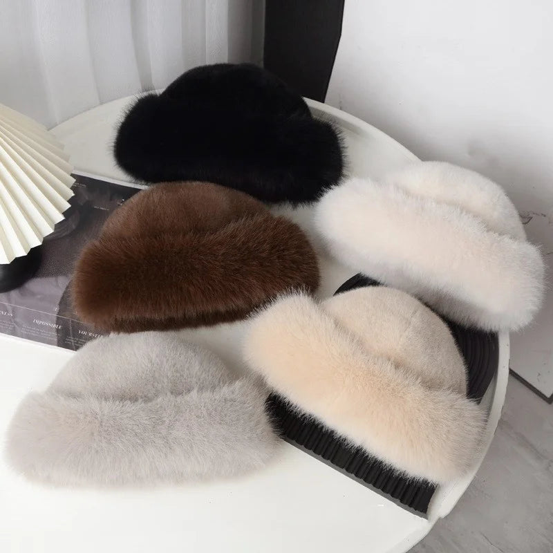 Winter Plush Hat Women Thickened Warm Bucket Hats For Women Men Simple Imitation Fur Ear Protection Cap Windproof Fisherman Cap