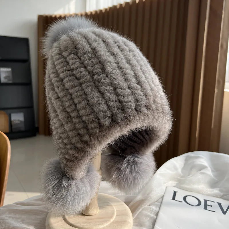 Winter Hot Sale Real Mink Fur Hat For Women Knitted Mink Fur Ear Warm Cap The Spiral Beanies Cap With Fox Fur Pompom On The Top