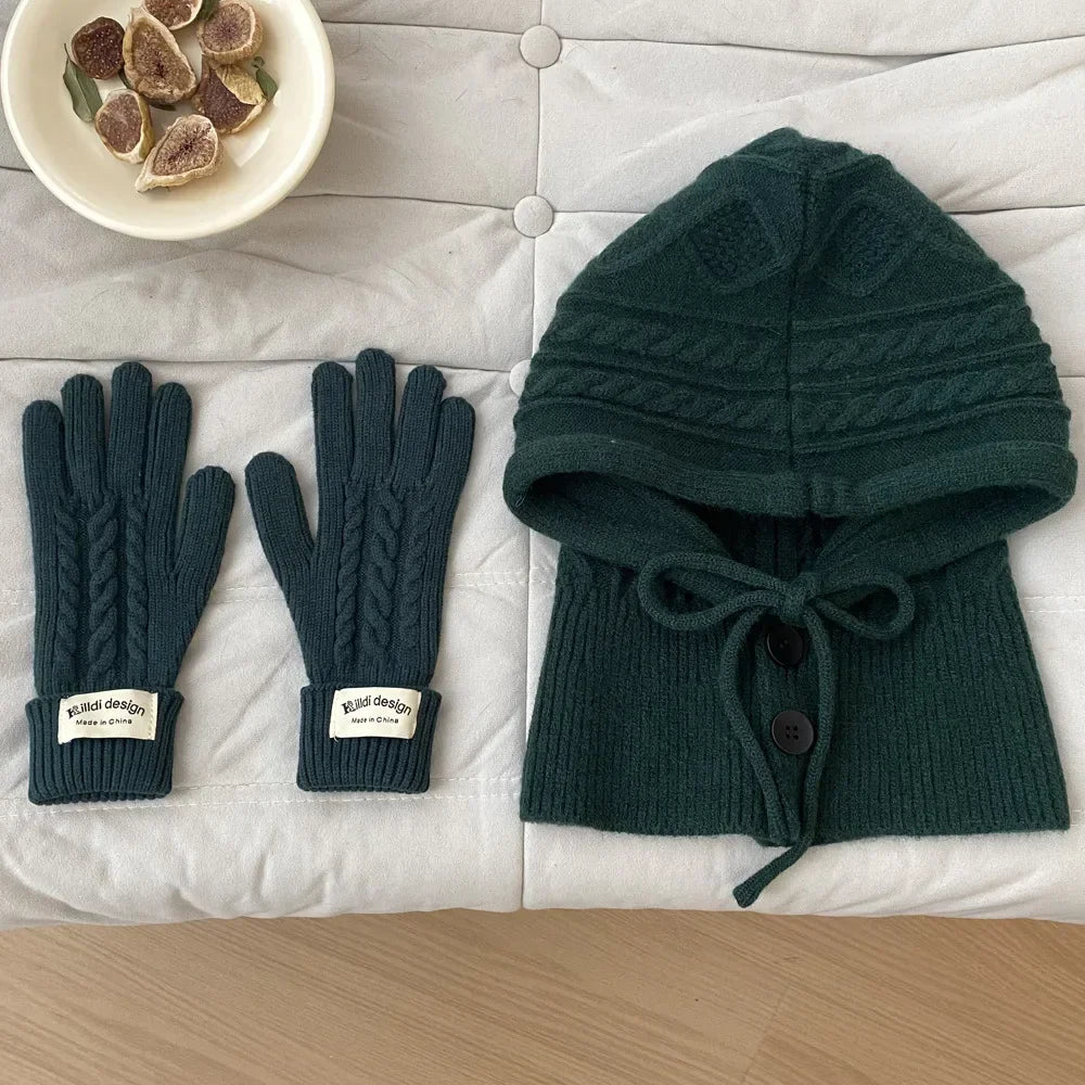 Winter Knitted Hat Gloves Set Warm Thicken Balaclava Imitation Cashmere Scarf Set Wool Korea Shawl Split Finger Pullover Hat