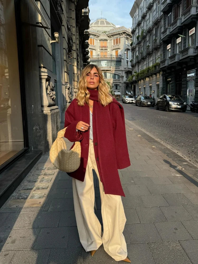 2024 New Fashion Burgundy Red Woolen Suit Jacket With Scarf Collar Women Chic Oversized Flip Pockets Solid Coats Lady Streetwear