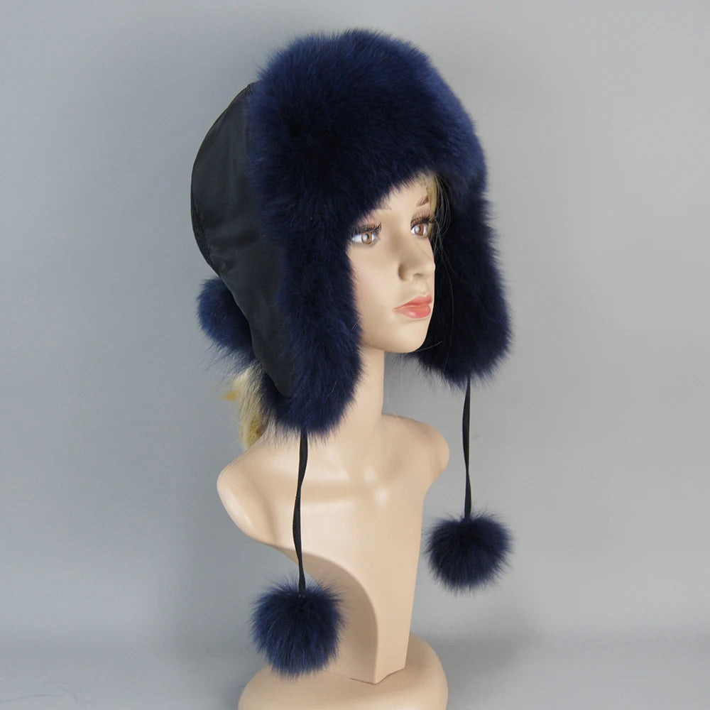 100% Real Fur Hat for Women Natural Silver Fox Fur Russian Ushanka Hats Winter Thick Warm Ears Fashion Bomber Cap