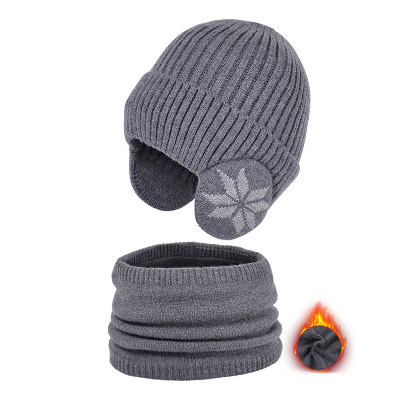 2Pcs Knitted Children Winter Hat Scarf Fleece Lining Ears Protection Kids Beanie Hats Neck Warmer Warm Child Boy Cap 4-10Y