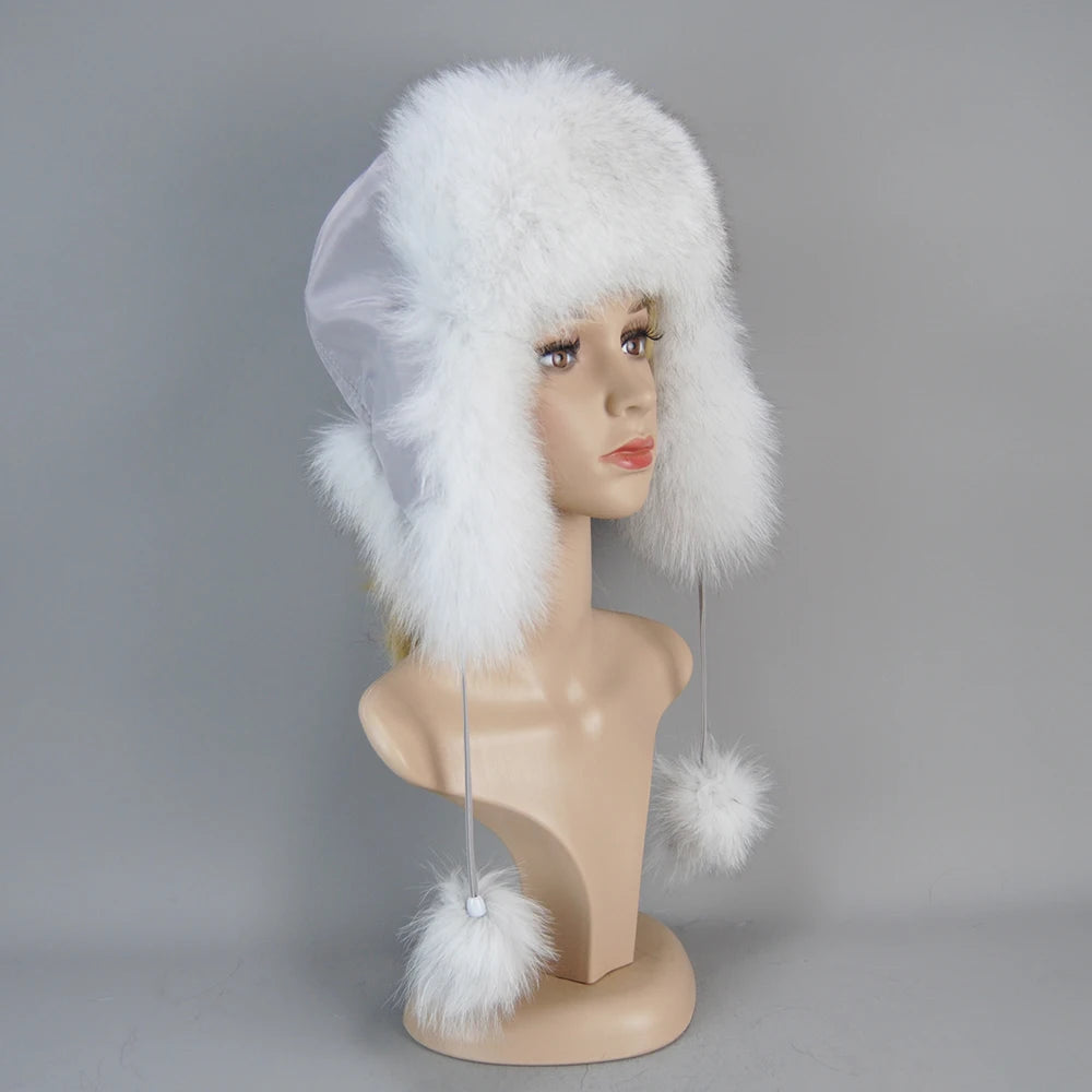 100% Real Fur Hat for Women Natural Silver Fox Fur Russian Ushanka Hats Winter Thick Warm Ears Fashion Bomber Cap