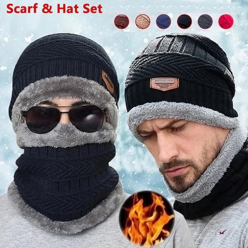 2023New Winter Hats Knit Cap Men Velvet Hat Coral Fleece Scarf Outdoor Riding Hat Warm Thickening Plus Velvet Neck Protect Cap