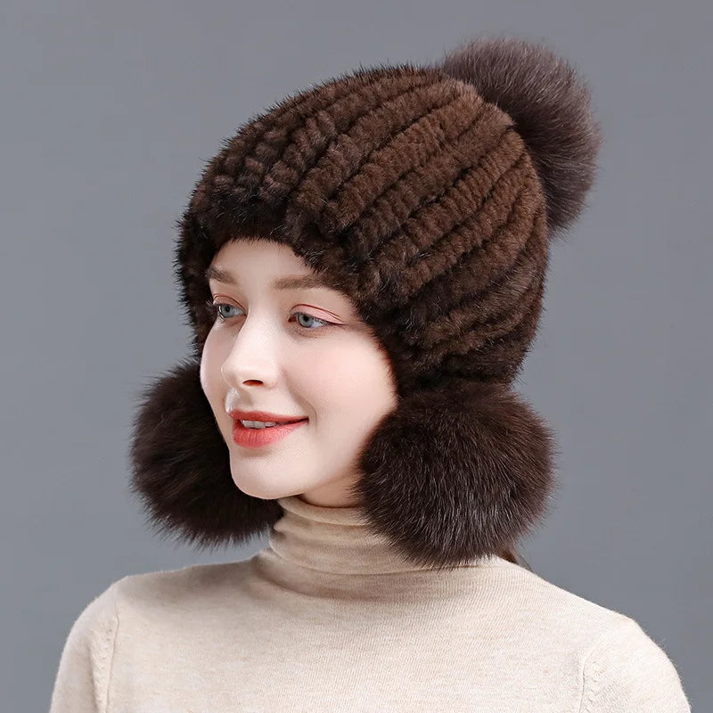 Winter Hot Sale Real Mink Fur Hat For Women Knitted Mink Fur Ear Warm Cap The Spiral Beanies Cap With Fox Fur Pompom On The Top