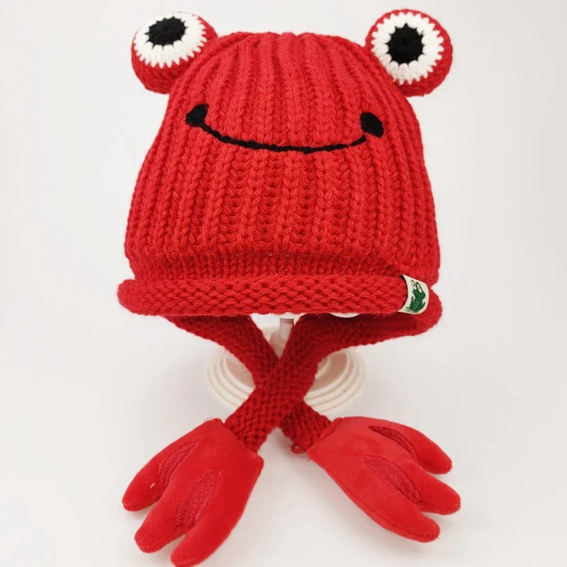 Parent-child Cute Frog Hat Autumn and Winter Warm Knitted Wool Hat Bonnets for Women and Men Cartoon Fisherman Caps