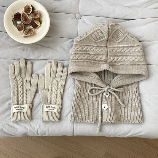 Winter Knitted Hat Gloves Set Warm Thicken Balaclava Imitation Cashmere Scarf Set Wool Korea Shawl Split Finger Pullover Hat