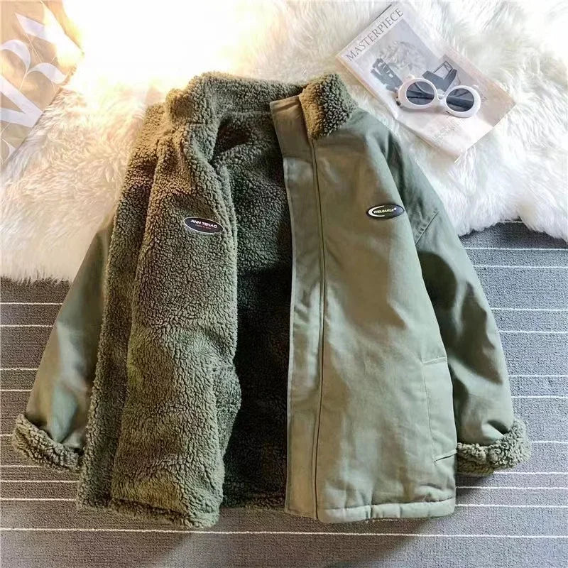 2022 autumn and winter new love lambswool cotton-padded jacket double-sided collar jacket couple loose jacket warm Y2K