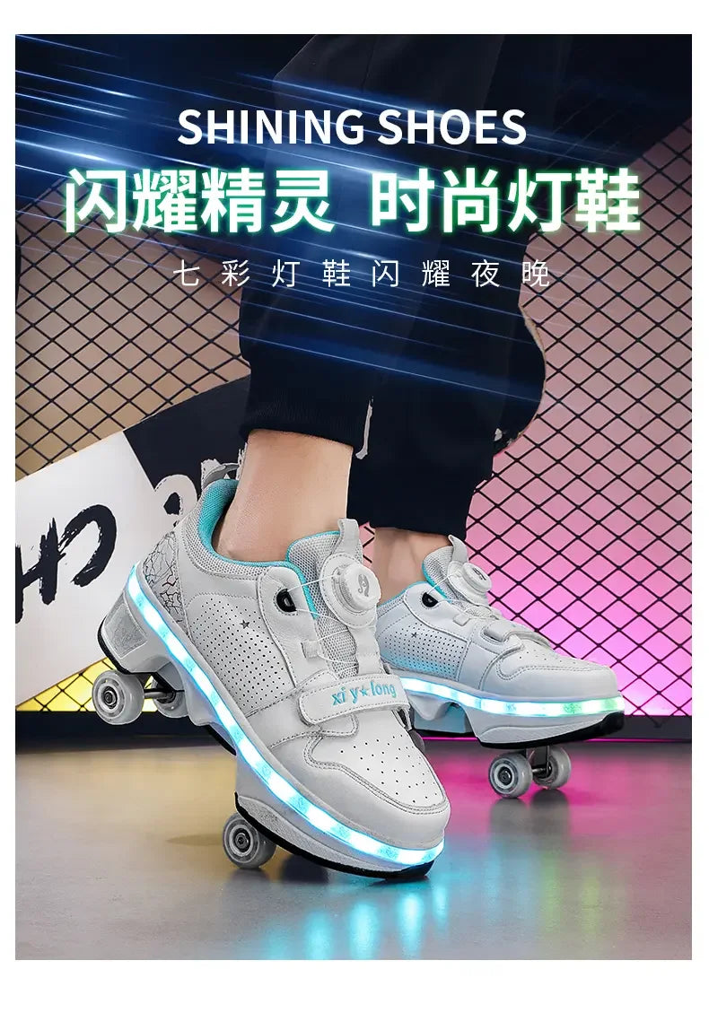 LED Light Deform Wheel Skates Roller Skate Shoes With 4-Wheel  Deformation Parkour Runaway Sneakers Children Adult Rounds Walk