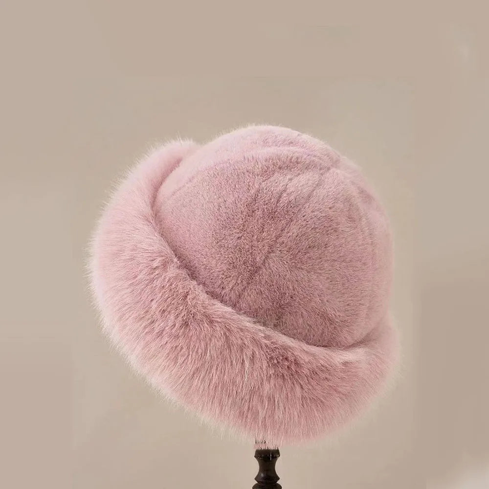 2024 Y2K Fluffy Faux Fur Bucket Hat Women Rabbit Fur Warm Thick Plush Winter Hat Lady Luxury Fashion Furry Panama Fisherman Cap