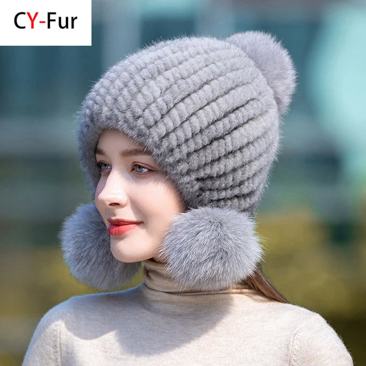 Winter Hot Sale Real Mink Fur Hat For Women Knitted Mink Fur Ear Warm Cap The Spiral Beanies Cap With Fox Fur Pompom On The Top