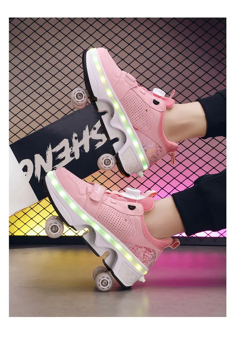 LED Light Deform Wheel Skates Roller Skate Shoes With 4-Wheel  Deformation Parkour Runaway Sneakers Children Adult Rounds Walk