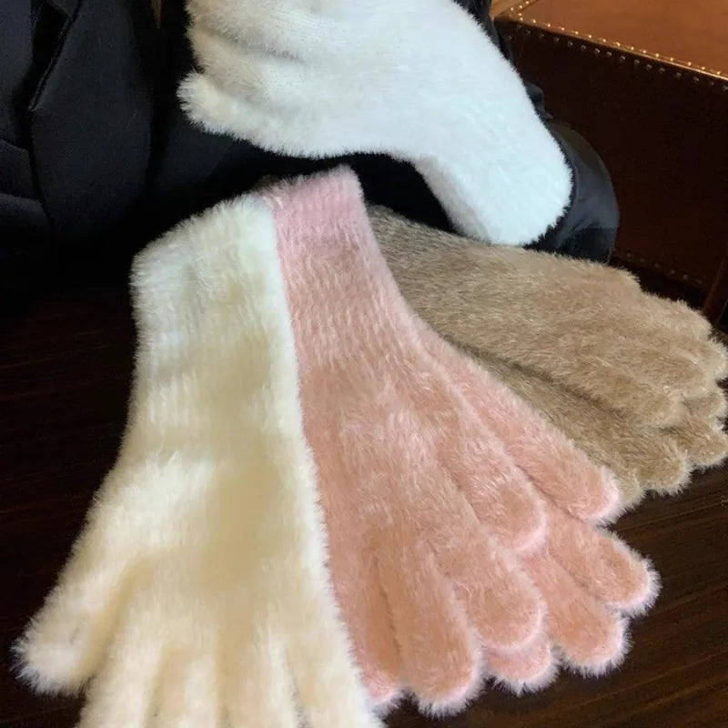 Sweet Mink Wool Long Gloves Women Winter Thicken Knitted Warm Short Fluffy Plush Mittens Protective Arm Anti-cold Outdoor Gloves